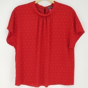 Vince Camuto Polka Dot Pearl Button Neck Short Sleeve Blouse Top Red Size Small